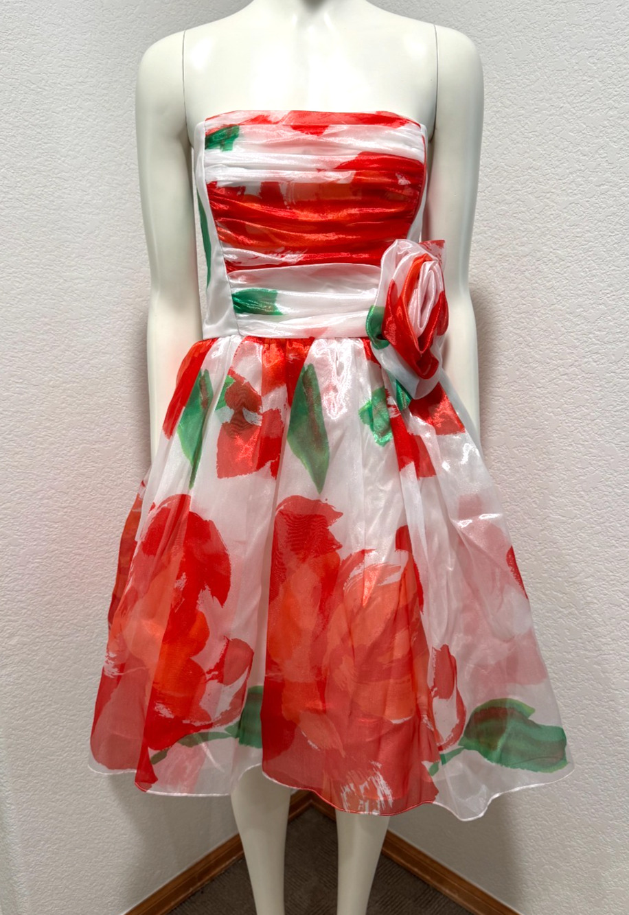 Vintage 80s Print Organza Mini Party Dress Crinoline Huey Waltzer 5/6 Strapless